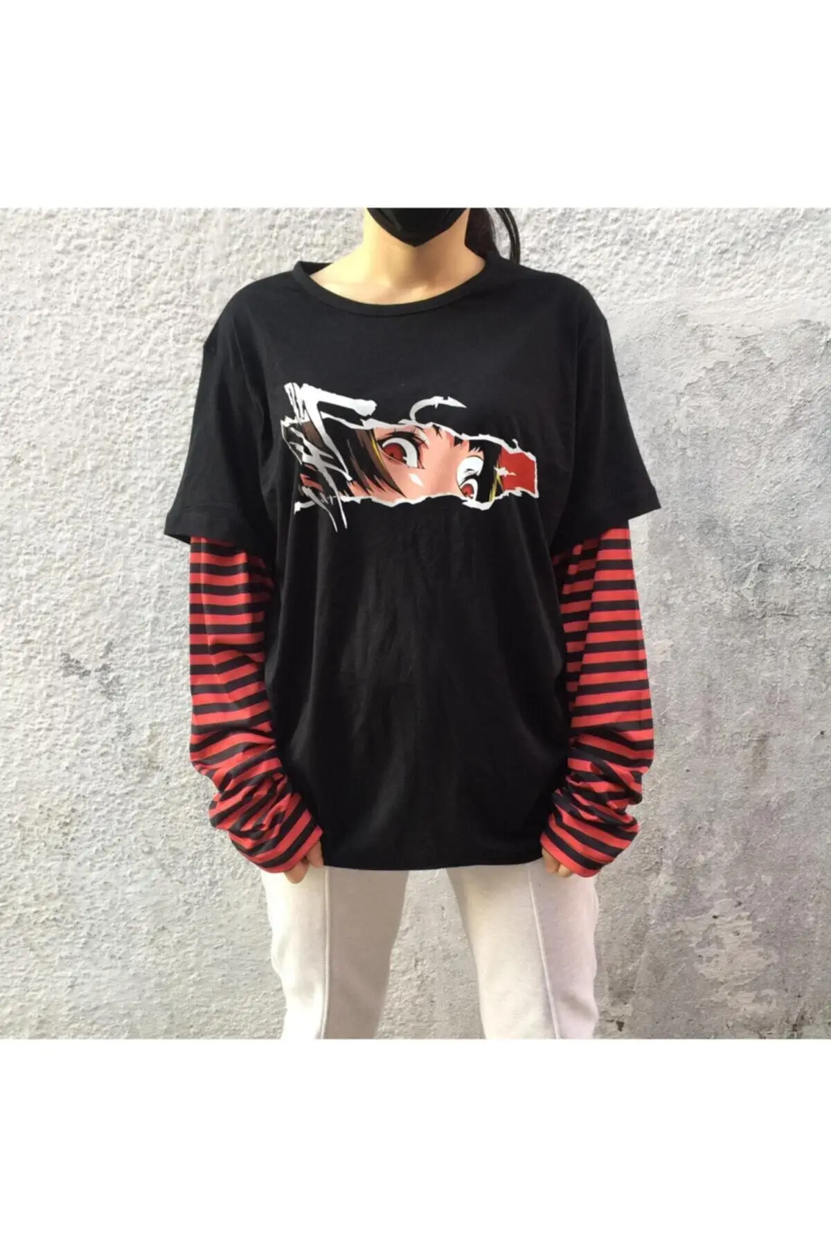

Unisex Black Anime Sasuko Striped Long Sleeve Sweatshirt T-Shirt Fashion Cotton O Neck Top Female TShirt on Street Trend Free