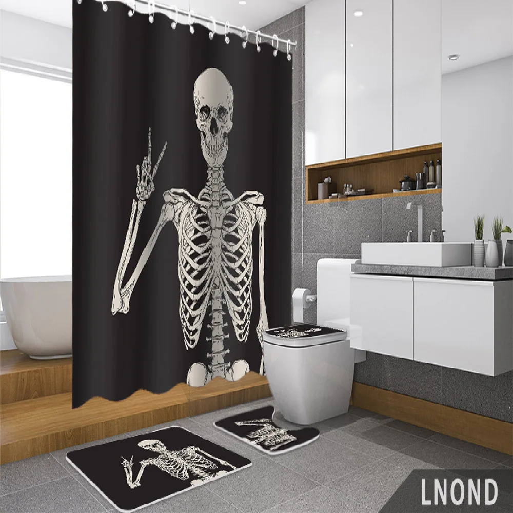 

4 Pcs Rock And Roll Skull Skeleton Bone Love Music Shower Curtain Set Polyester Waterproof, Sugar Candy Skull Day of Dead