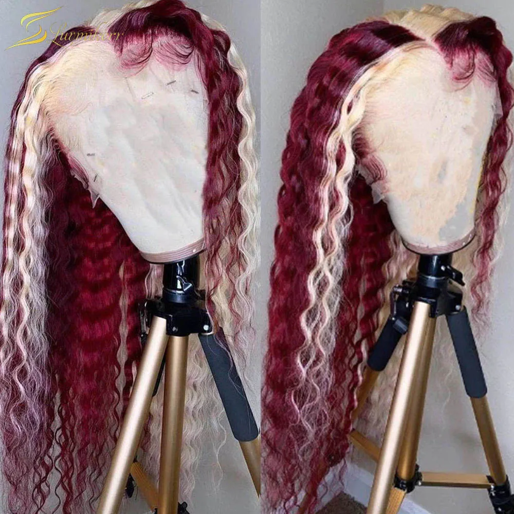 

Ombre Red Burgundy Color 99j Blonde Highlight 613 Deep Wave Frontal Wig Full Transparent HD Lace Front Wig Preplucked Human Hair