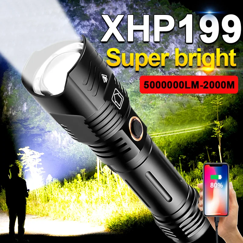 

Новинка 2022, мощный светодиодный фонарик XHP199, 16 ядер, USB фонарь, масштабирование 5000 м, аккумулятор 18650 26650, внешний аккумулятор светильник онар...