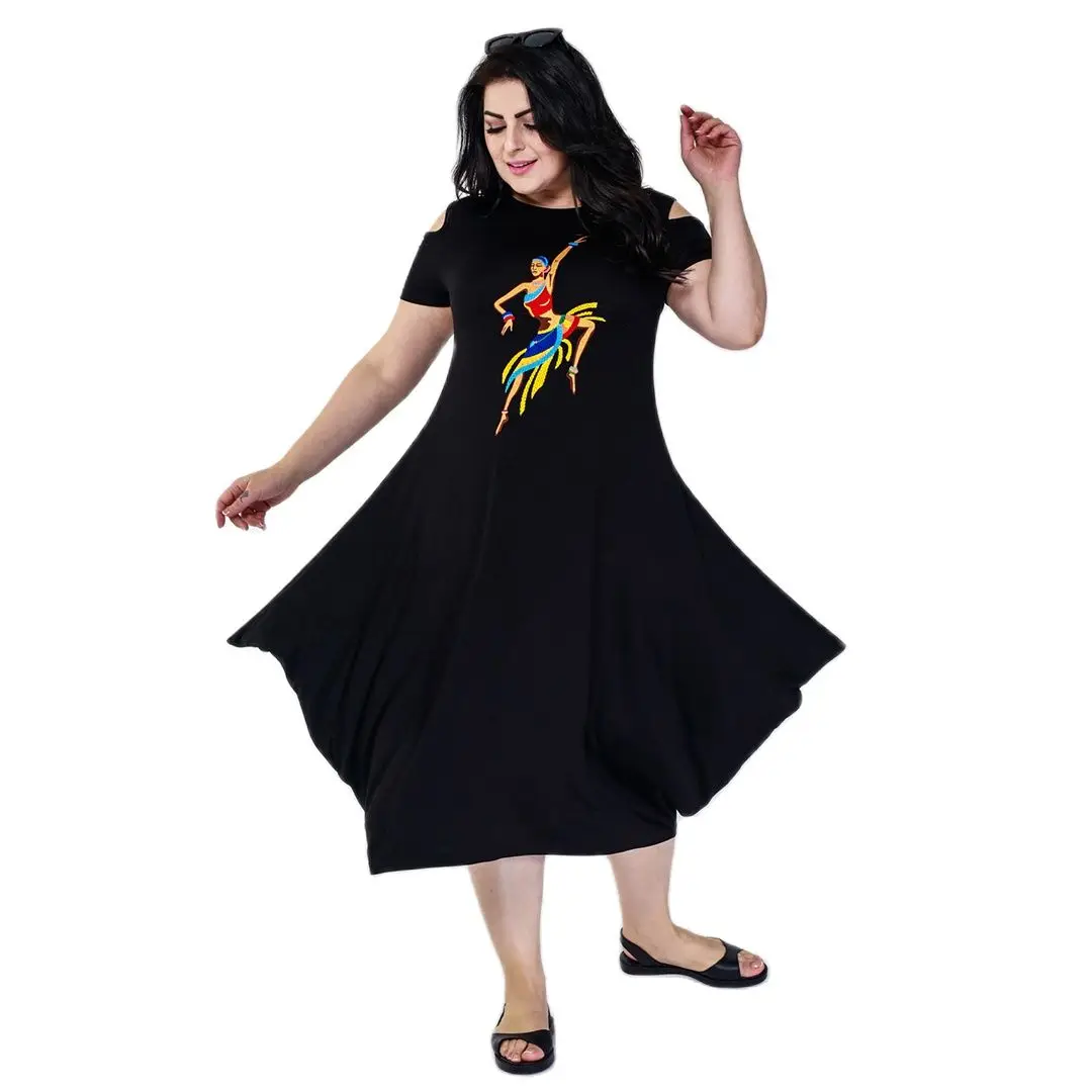 Women’s Plus Size Dancer Embroidery Off Shoulder Asymmetrical Black Dress, Designed and Made in Turkey, New Arrival