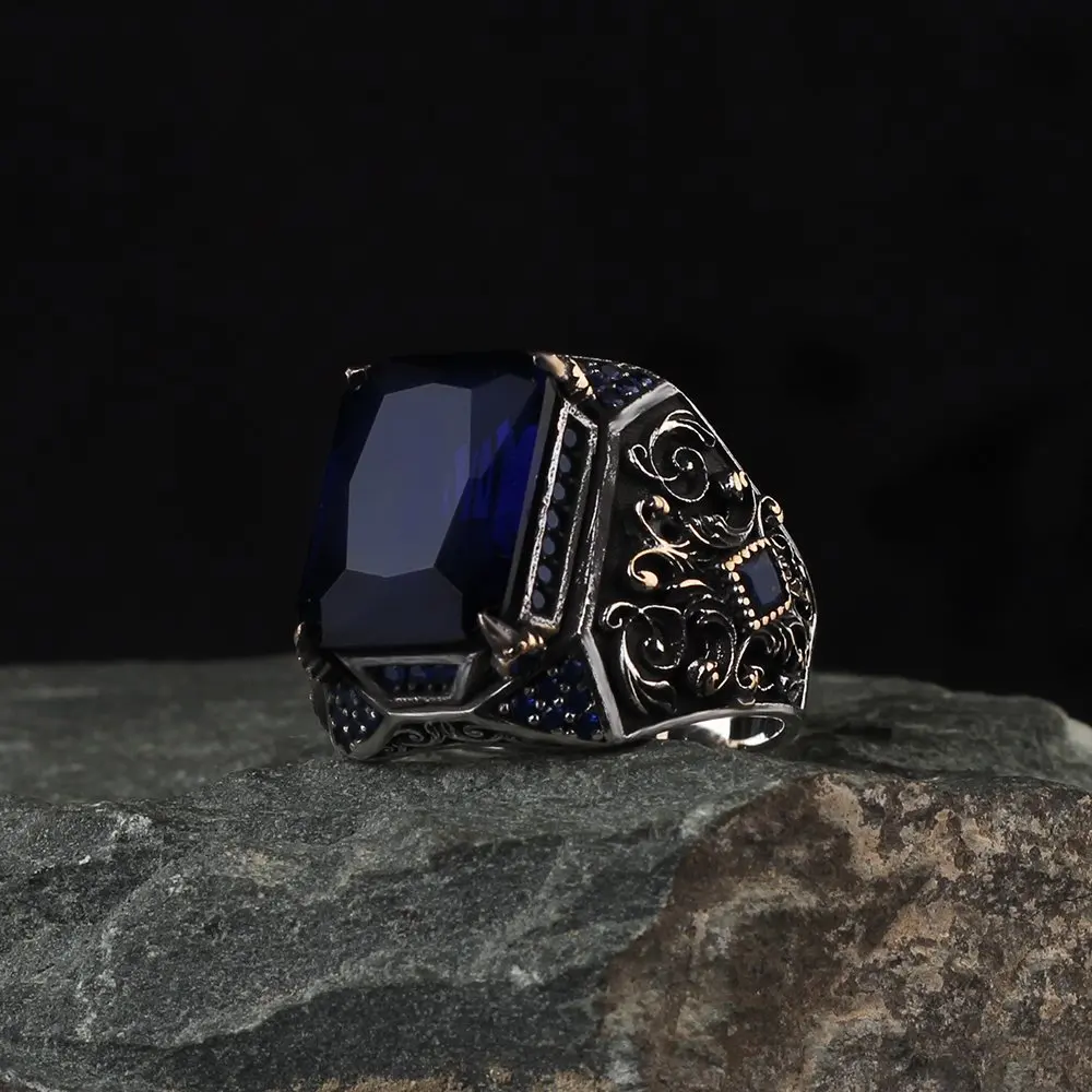 MEN 'S 925 Sterling Silver Ring Blue Zircon Stone, Gift Item Custom Design Handmade Made in Turkey