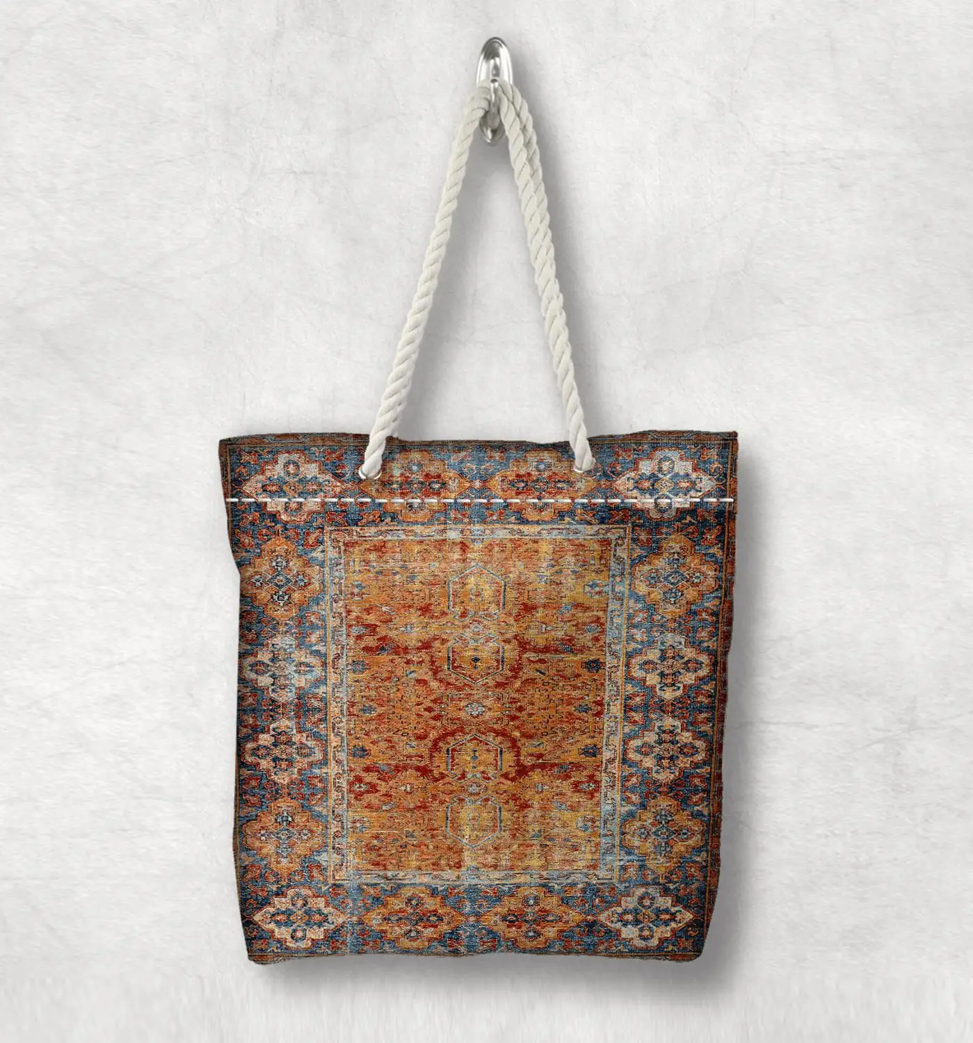 

Else Orange Brown Turkey Anatolia Antique Kilim Design White Rope Handle Canvas Bag Cotton Canvas Zippered Tote Bag Shoulder Bag