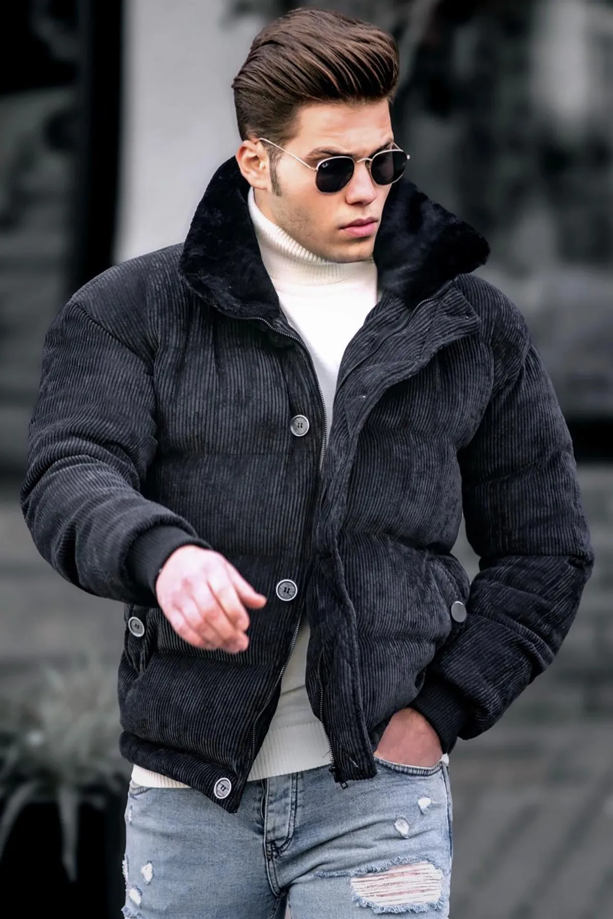 Men's Corduroy Inflatable Coat plus velvet thick Denim jacket men Casual lapel cotton Denim jacket men fur collar warm winter