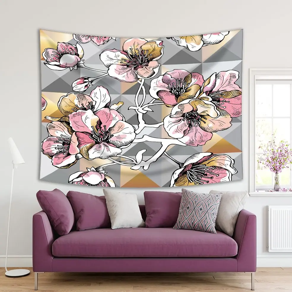 

Tapestry Cherry Blooms Flower Tree Branches on Geometric Background Spring Nature Theme Art Pink Yellow Gray