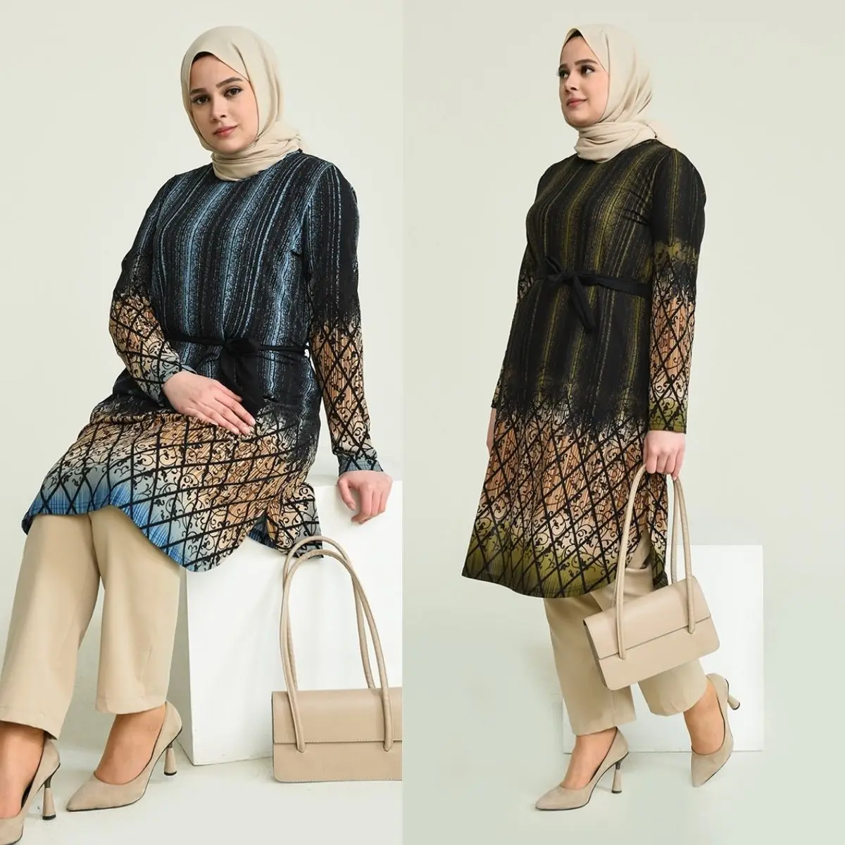 Patterned Tunic Long Sleeve  Zero Collar Belted  Fashion  Muslim  Hijab  Clothing  Casual  Islamic Turkey  Istanbul Dubai Summer