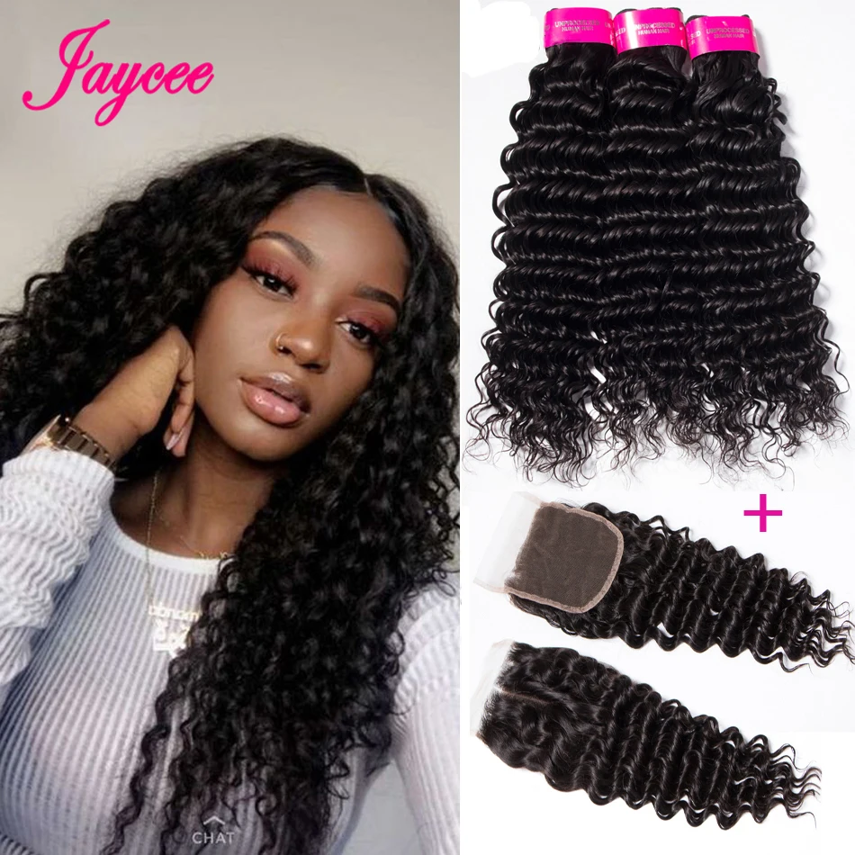 

12A Peruvian Deep Wave Bundles With Closure 100% Unprocessed Human Hair Deep Curly Bundles With Frontal 13x4 Tissage Bresiliens