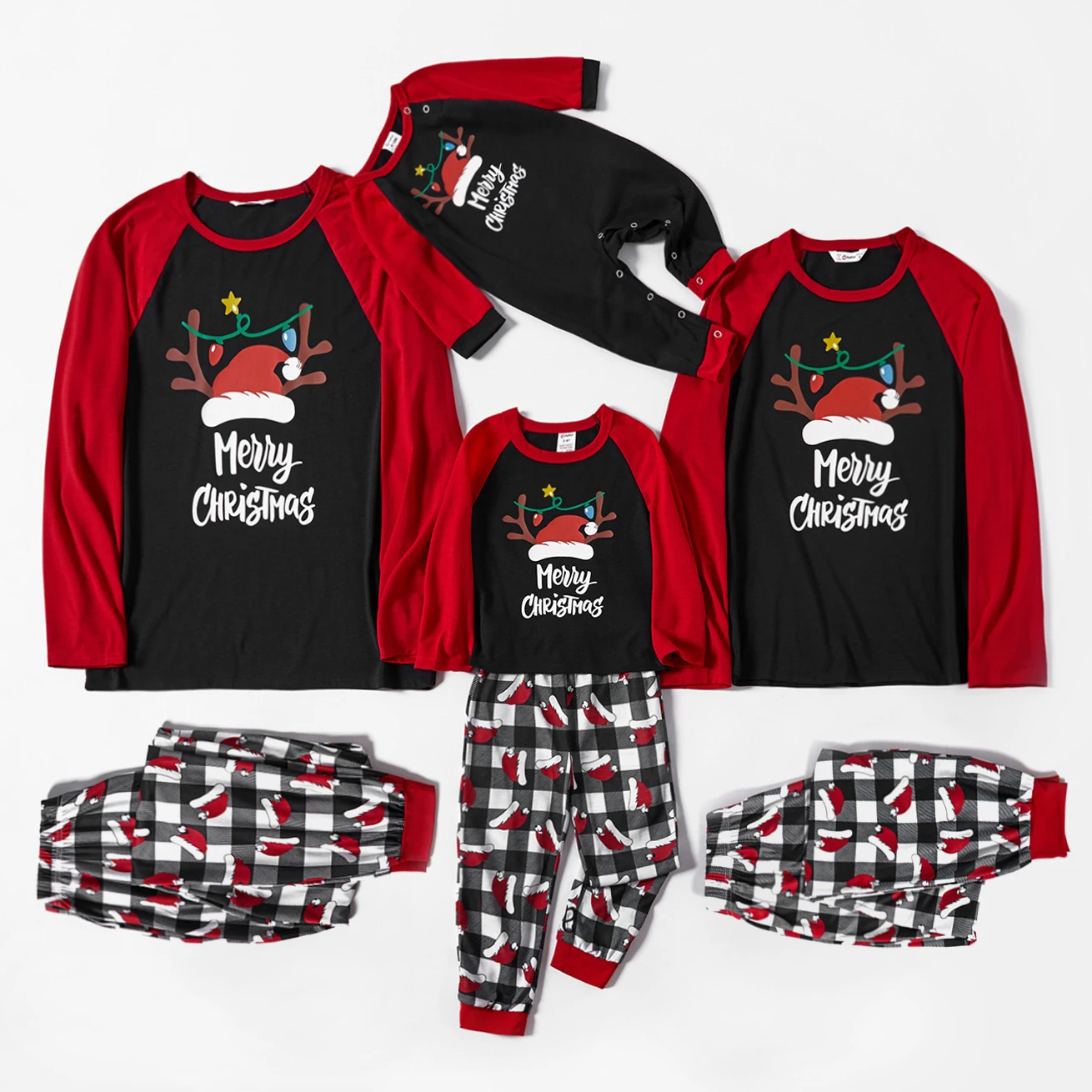 

PatPat Christmas Antler Hat and Letter Print Family Matching Raglan Long-sleeve Plaid Pajamas Sets (Flame Resistant)