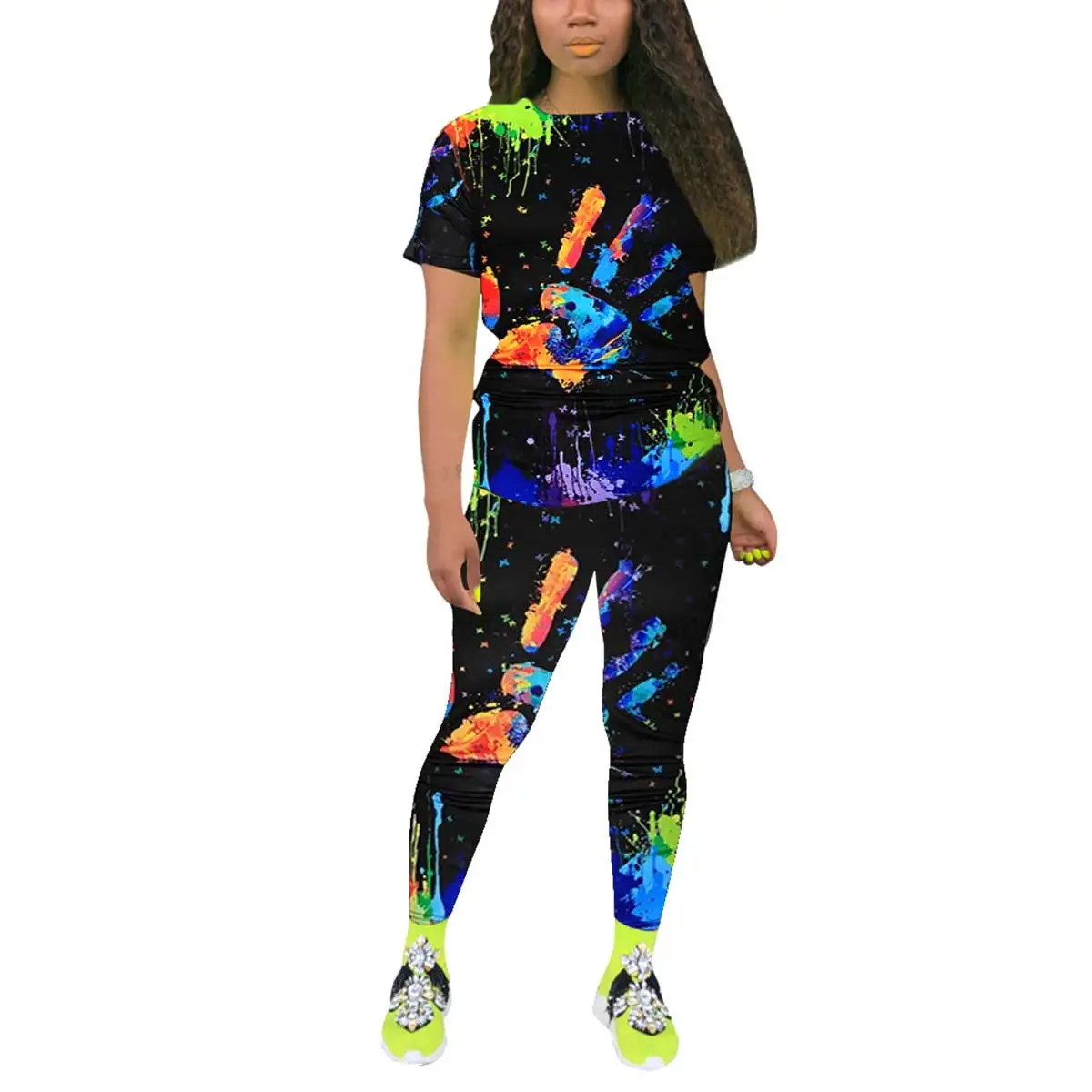 Женский спортивный костюм с принтом граффити топ коротким рукавом и круглым