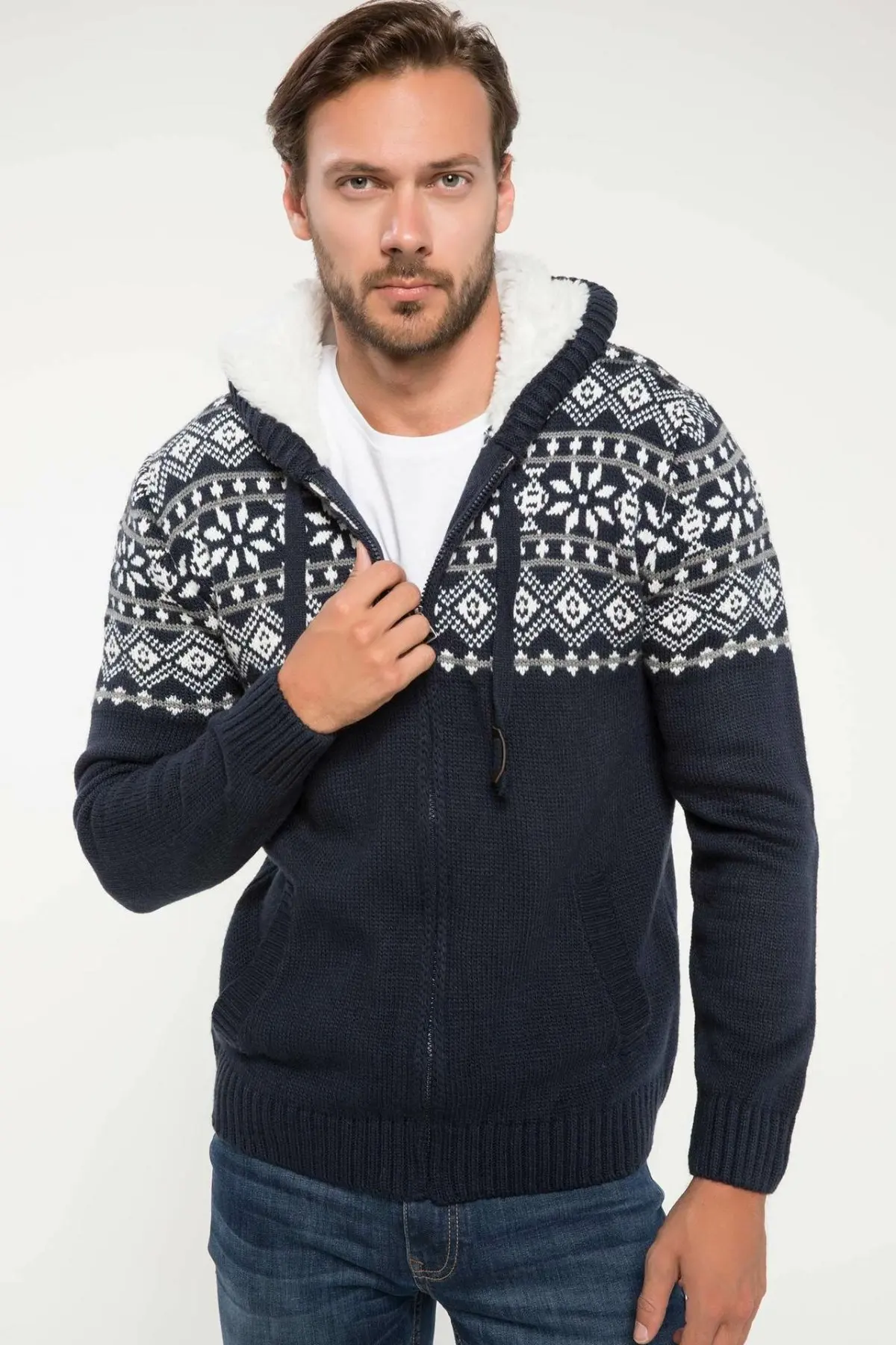 DeFacto Мужская Толстая Повседневная хлопковая шапка свитер кардиган Зимняя мода