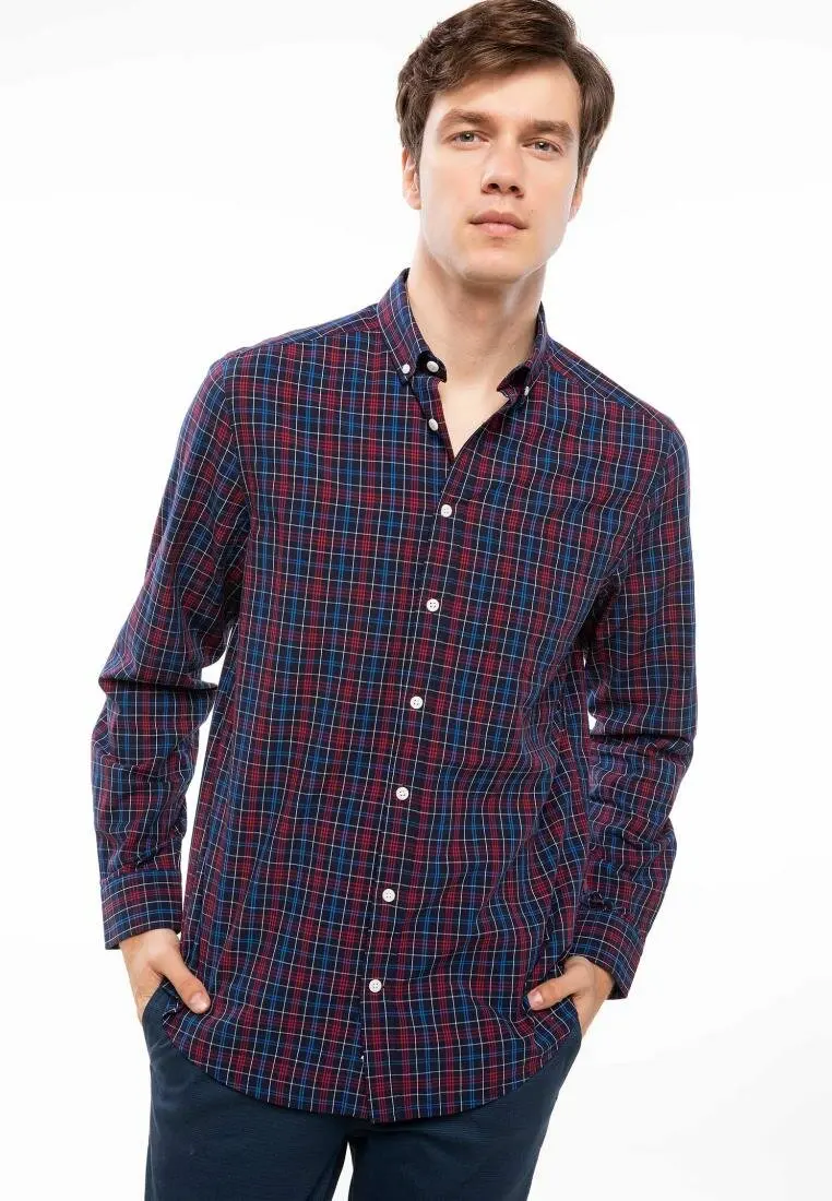 DeFacto Мужская рубашка в клетку с длинным рукавом и стоячим воротником для мужчин