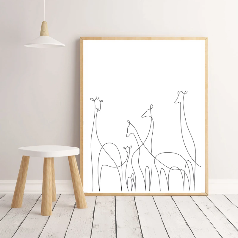 

Абстрактный жираф, животное, одна линия, художественные принты, черная, белая Минималистичная настенная Картина на холсте, Постер в скандин...