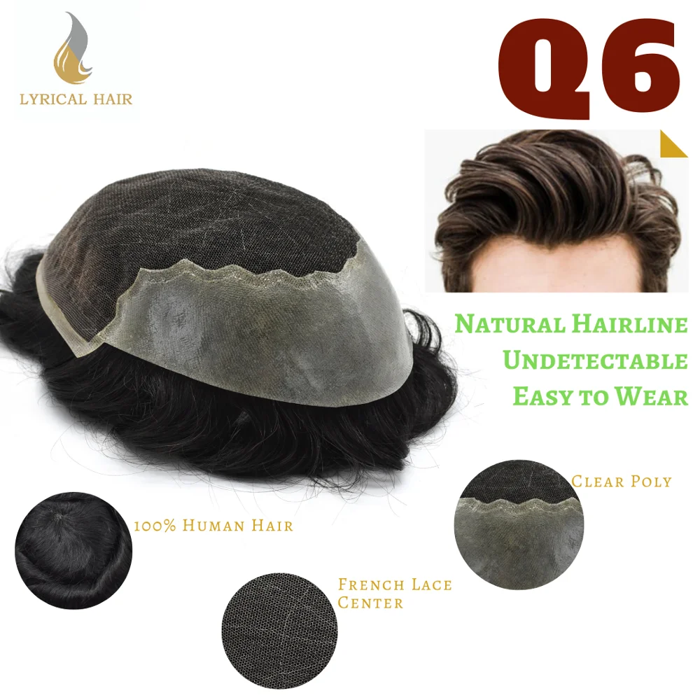 French Lace Front Mens Toupee Poly Skin Black Hair System Breathable Hairpiece Bleached Knot Natural Hairline Replacement Wig