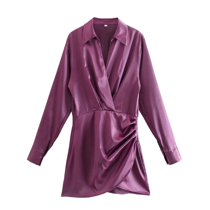 

ZXQJ 2021 модное женское фиолетовое мягкое на ощупь мини-платье со складками винтажные женские платья с длинным рукавом с лацканами Vestidos Mujer