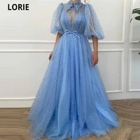 lorie sky blue dotted tulle prom dresses half puff sleeves appliqued collar evening dresses bow belt a line sheer prom gowns