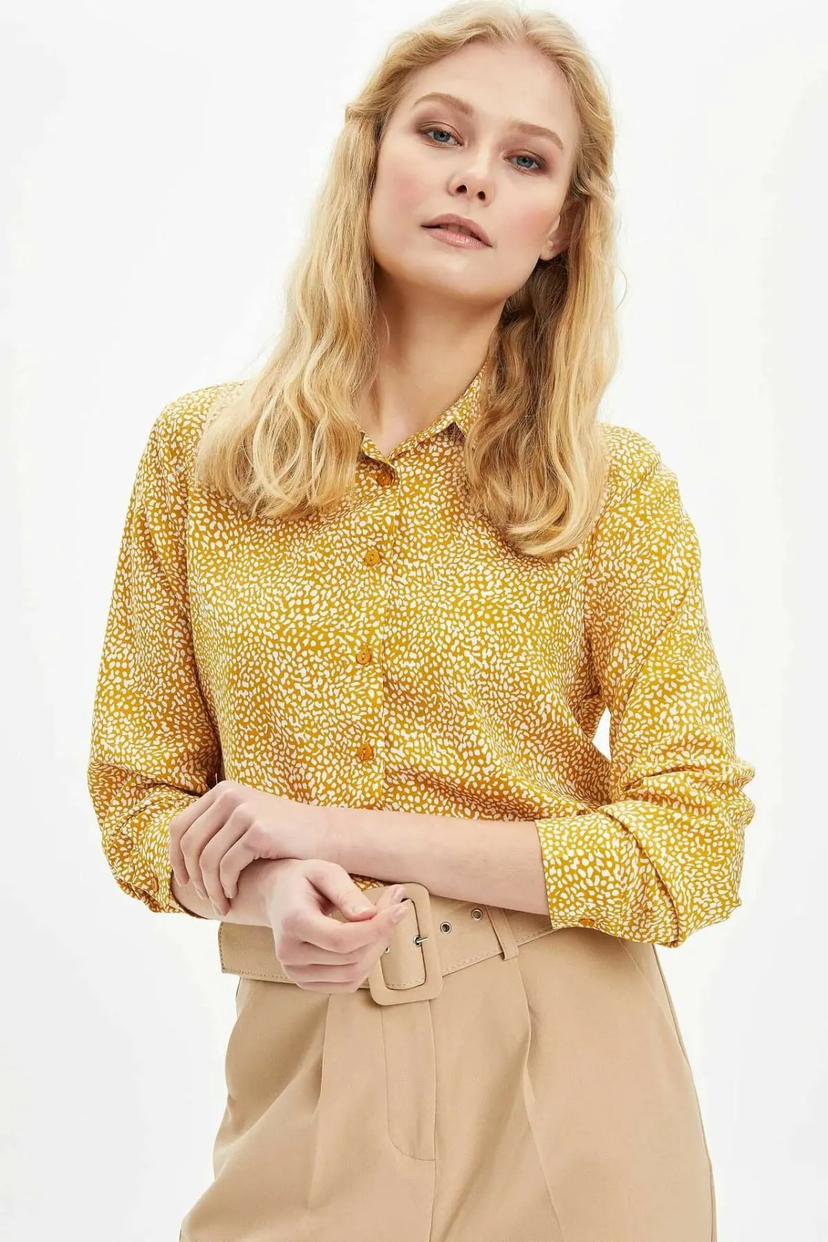 Женская рубашка с длинным рукавом DeFacto желтая в полоску цветочным принтом весна