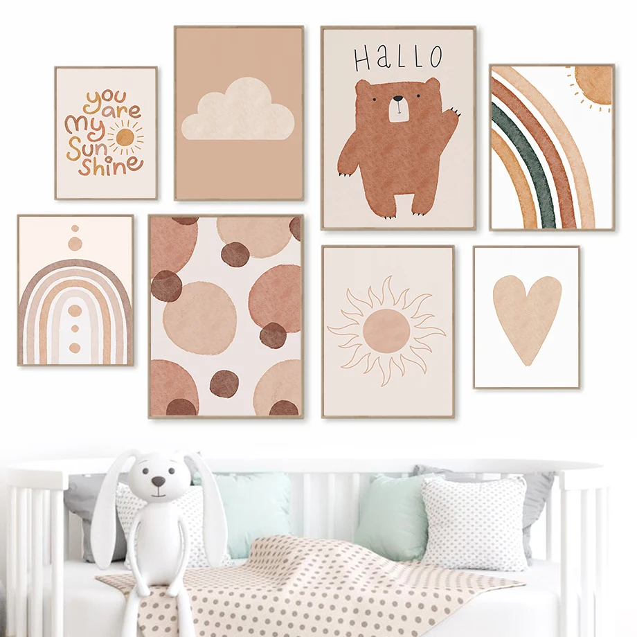 

Cartoon Cute Bear Rainbow Sun Love Clouds Shine Wall Art Canvas Painting Nordic Posters And Prints Wall Pictures Kids Room Decor