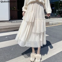 qiukichonson white black mesh skirt women ruffles skirt 2022 spring summer korean casual high waisted mid long skirt
