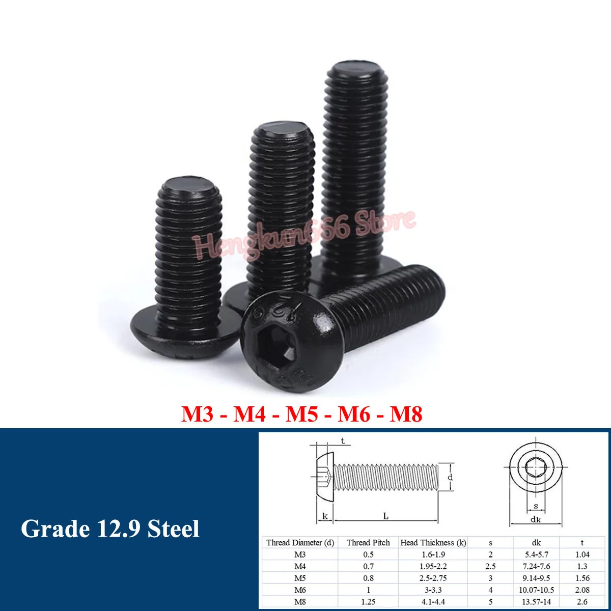 

M3 M4 M5 M6 M8 Hexagon Hex Socket Button Head Screws ISO7380 Round Allen Screw Bolts Grade 12.9 Alloy Steel Black