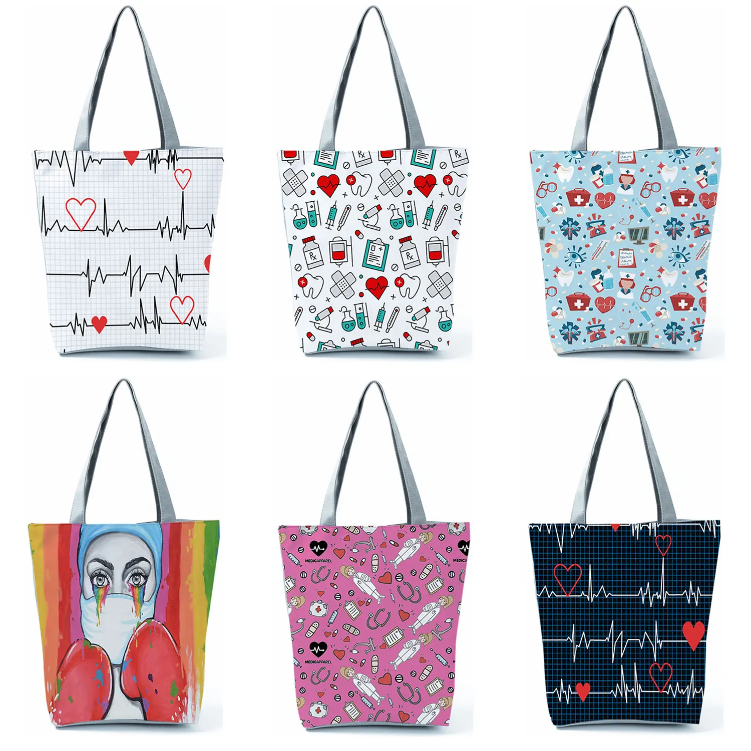 pharmacy ecg print handbag for women new eco friendly shoulder bag nurse fashion portable tote female high capacity shopping bag free global shipping