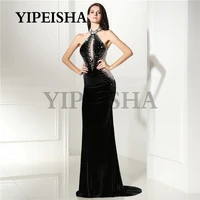 glittery halter sexy mermaid evening dresses backless beading see through velour prom party gown robes de soir%c3%a9e vestidos %d9%81%d8%b3%d8%a7%d8%aa%d9%8a%d9%86
