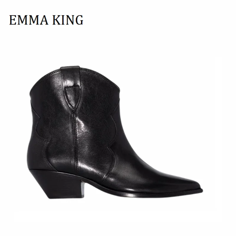 

2020 Winter Women Leather Western Ankle Boots Classic Genuine Leather Low Heel Chelsea Boots Woman Party Wedding Botas Mujer