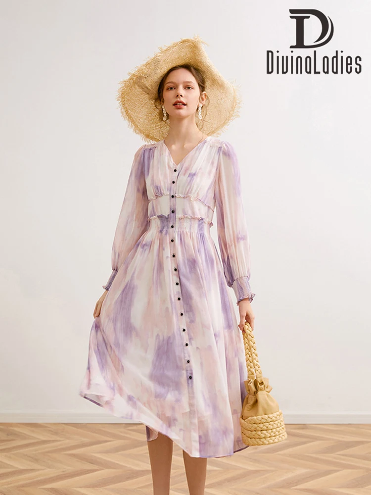 

Divinaladies Elegant 2022 New French Chiffon Basic Print Women's Spring Long Sleeve Tea Break Mid-length Purple Tie Dye Dress