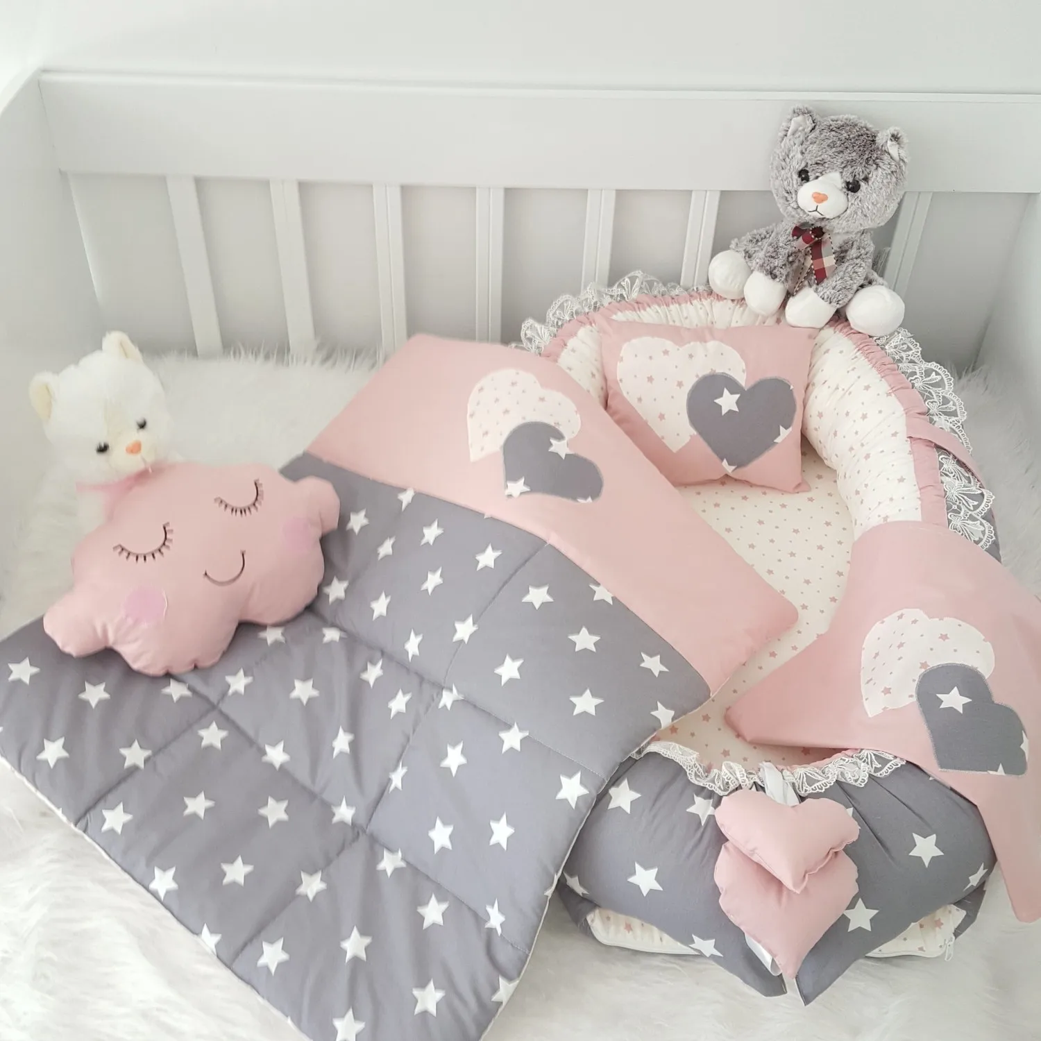 Jaju Baby Handmade Gray and Powder Star Design Orthopedic Lux Babynest 6 Pieces Set Mother Side Portable Baby Bed