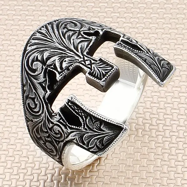 

Sterling Silver Men Thumb Ring Oxidized Helmet Patterned Ring Handmade Warrior Ring For Men Made in Turkey