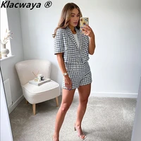 klacwaya women 2021 fashion with buttons tweed cropped blazer coat vintage high waist side zipper female short pants mujer suit