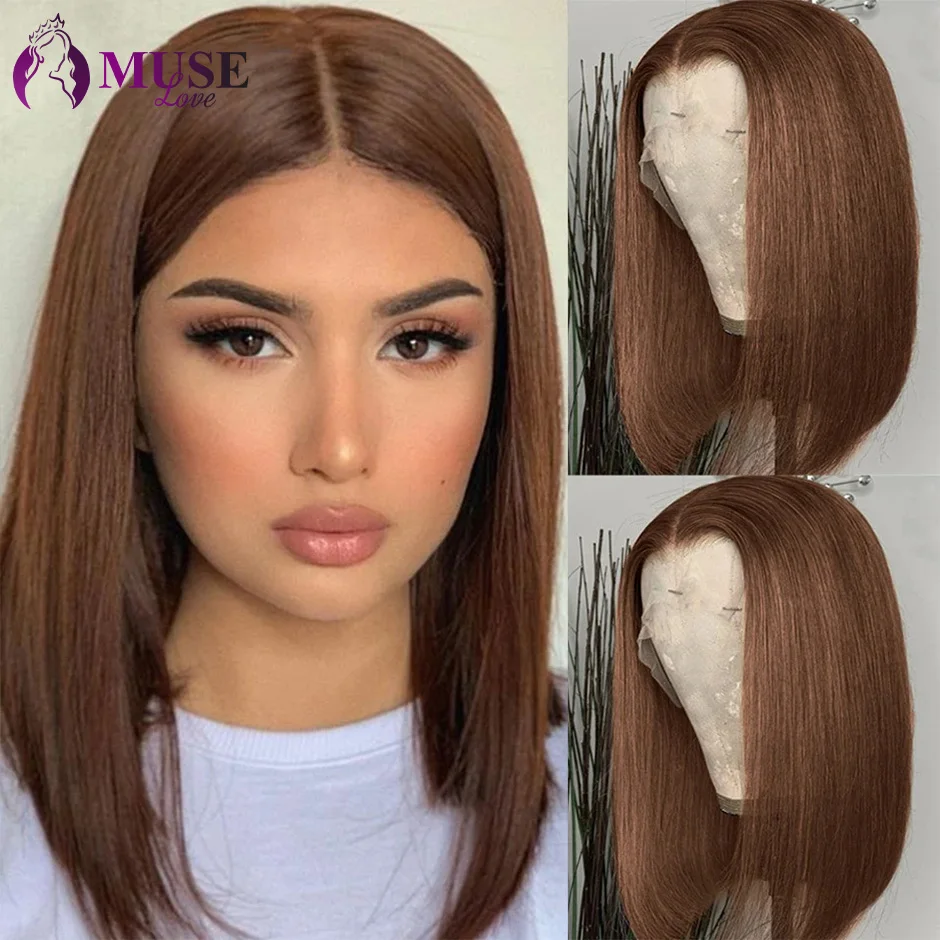 Short Bob Wigs Bone Straight Brown 4x4 Lace Front Wig Pre Plucked Colored Human Hair Wigs for Women Brazilian Lace Closure Wig