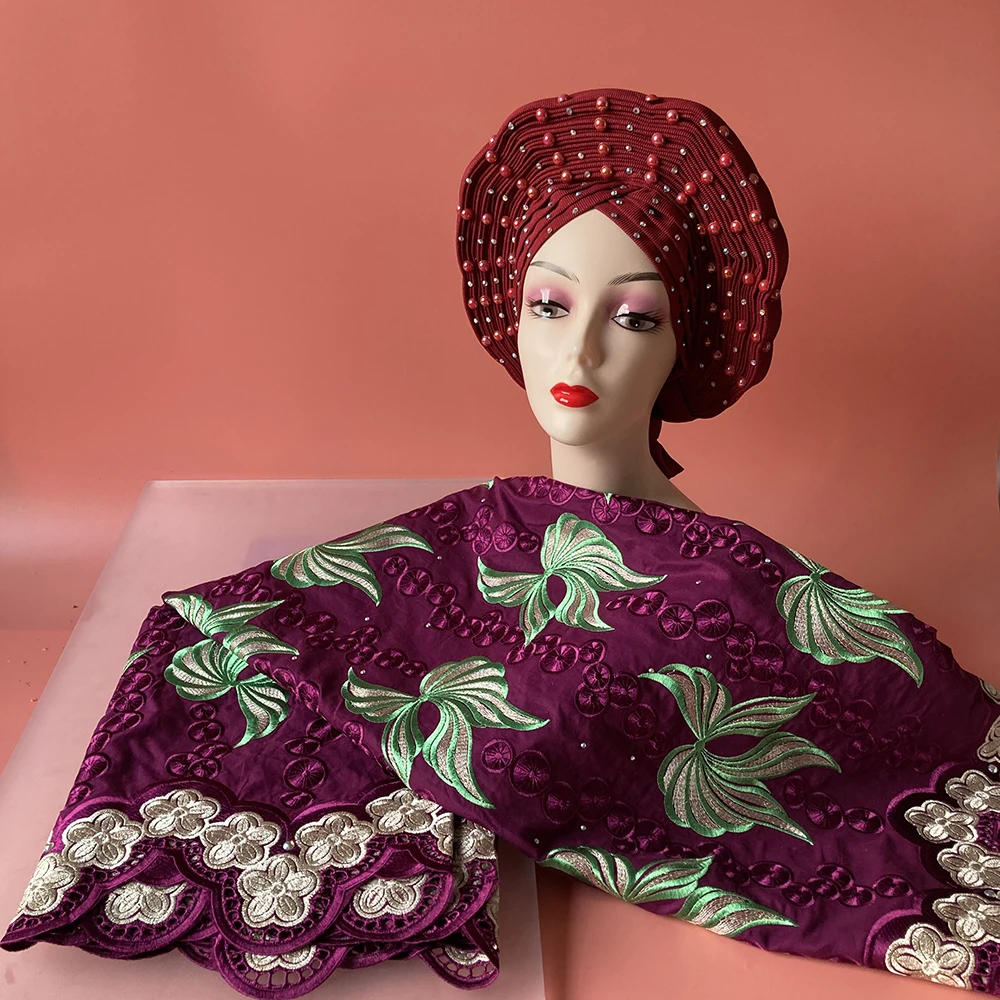 

Sinya High Quality Stones Beaded Auto Gele Headtie Turban Scarf And 5 Yards African Swiss Voile Cotton Lace Fabric Embroidery
