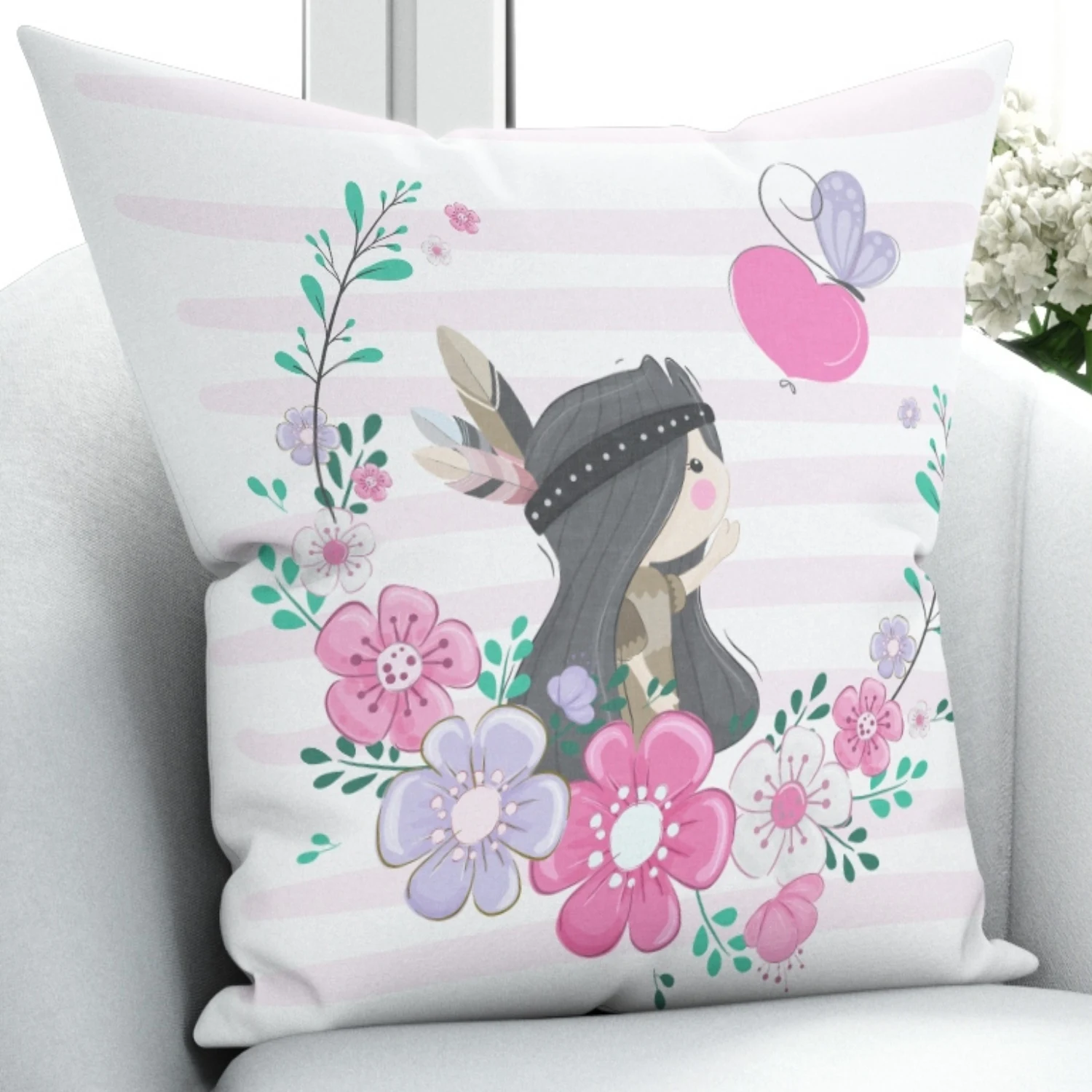 

Else Pink Flowers Hearts Bohemian Aztec Girl 3D Print Microfiber Throw Pillow Case Cushion Covers Square Hidden Zipper 45x45cm