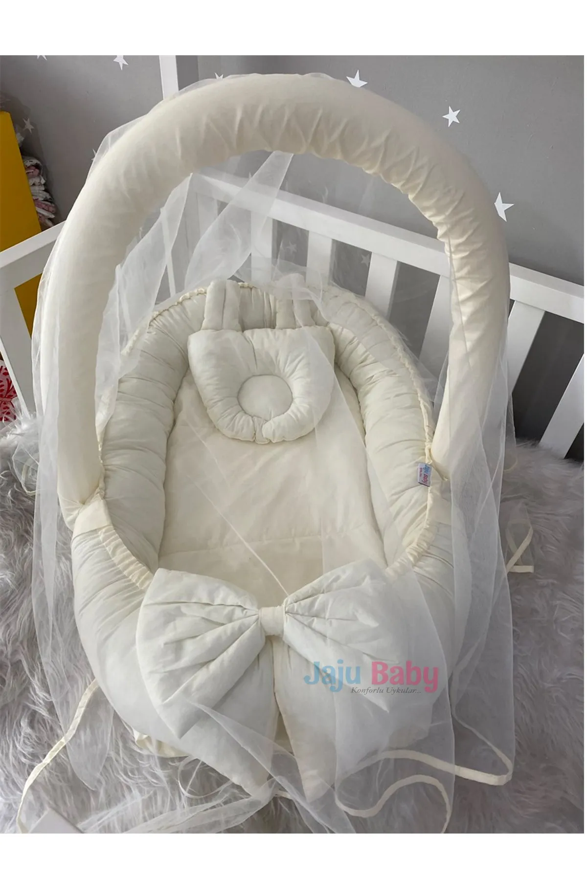 Jaju Baby Handmade Luxe Design Babynest Cream Color Fabric and Ear with Mosquito Net and Toy Apparatus, Mother Portable Baby Bed