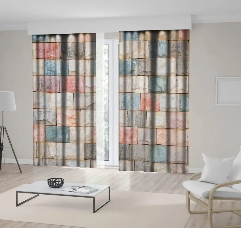 

Curtain Stone Ceramic Brick Wall Construction Rustic Modern Decorating Photo Printed Red Beige Blue