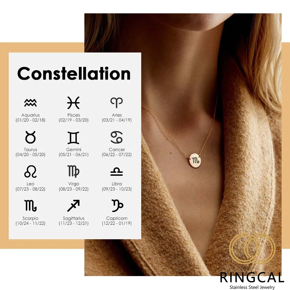 

Ringcal Customized Gold Plated Stainless Steel Horoscope Coin Necklace 12 Zodiac Pendants Choker Necklace women Fashion Jewelry