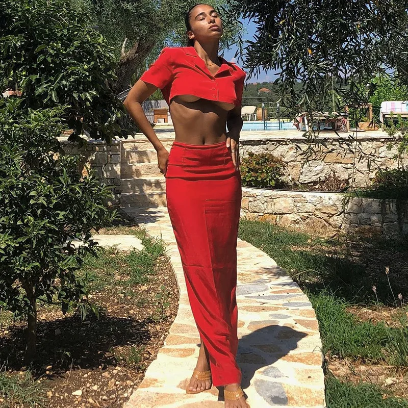 

2021 Solid Suit Style Dress Lapel Short Sleeve High Waist Long Skirts Two Piece Set Women's Outfit Suit Dresses Sets Wholesales