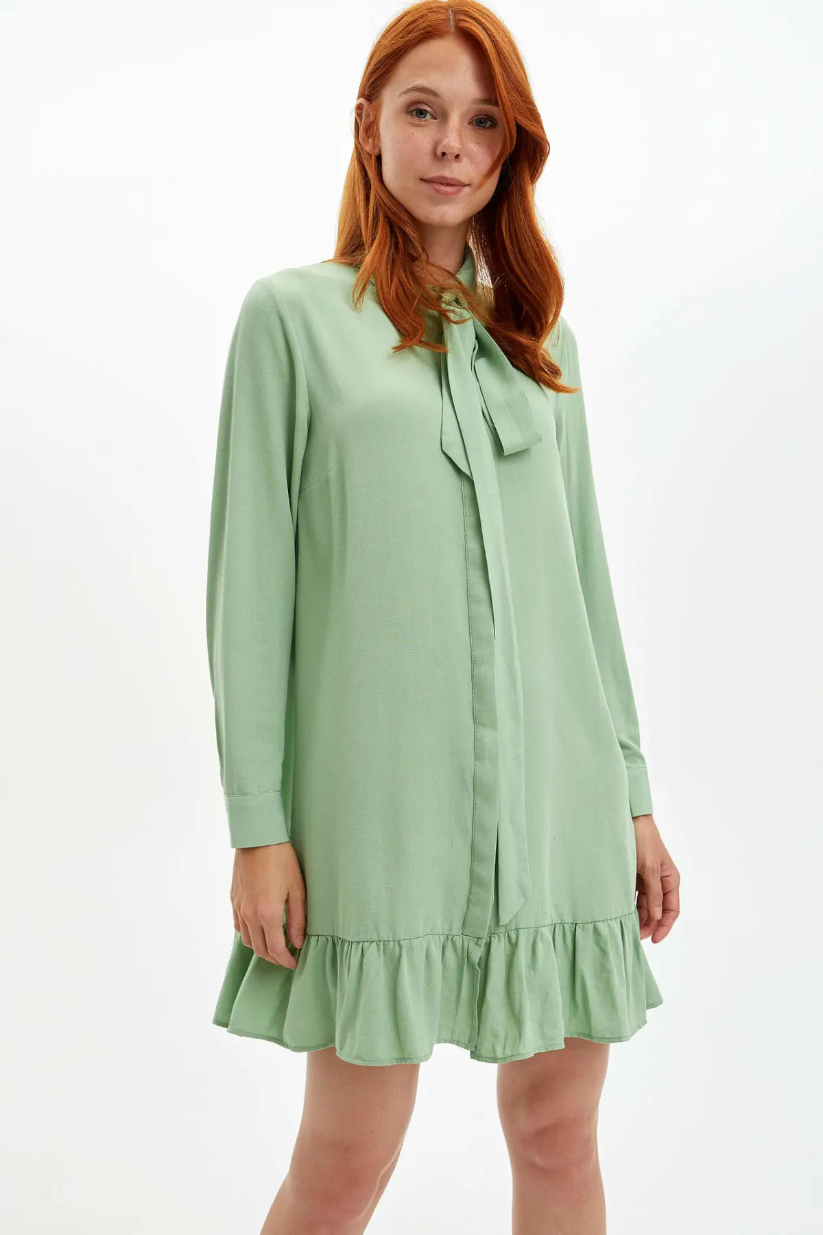 DeFacto женское модное Тканое платье с отворотом и длинными рукавами очаровательное