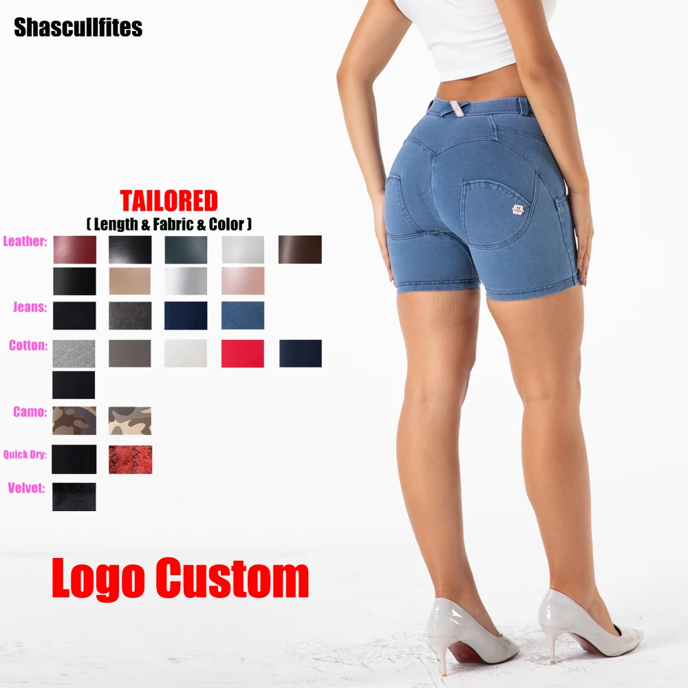 Shascullfites Melody Tailored Pants Women Logo Custom Middle Waist Light Blue Denim Short Butt Lift Shorts Women Sport Shorts