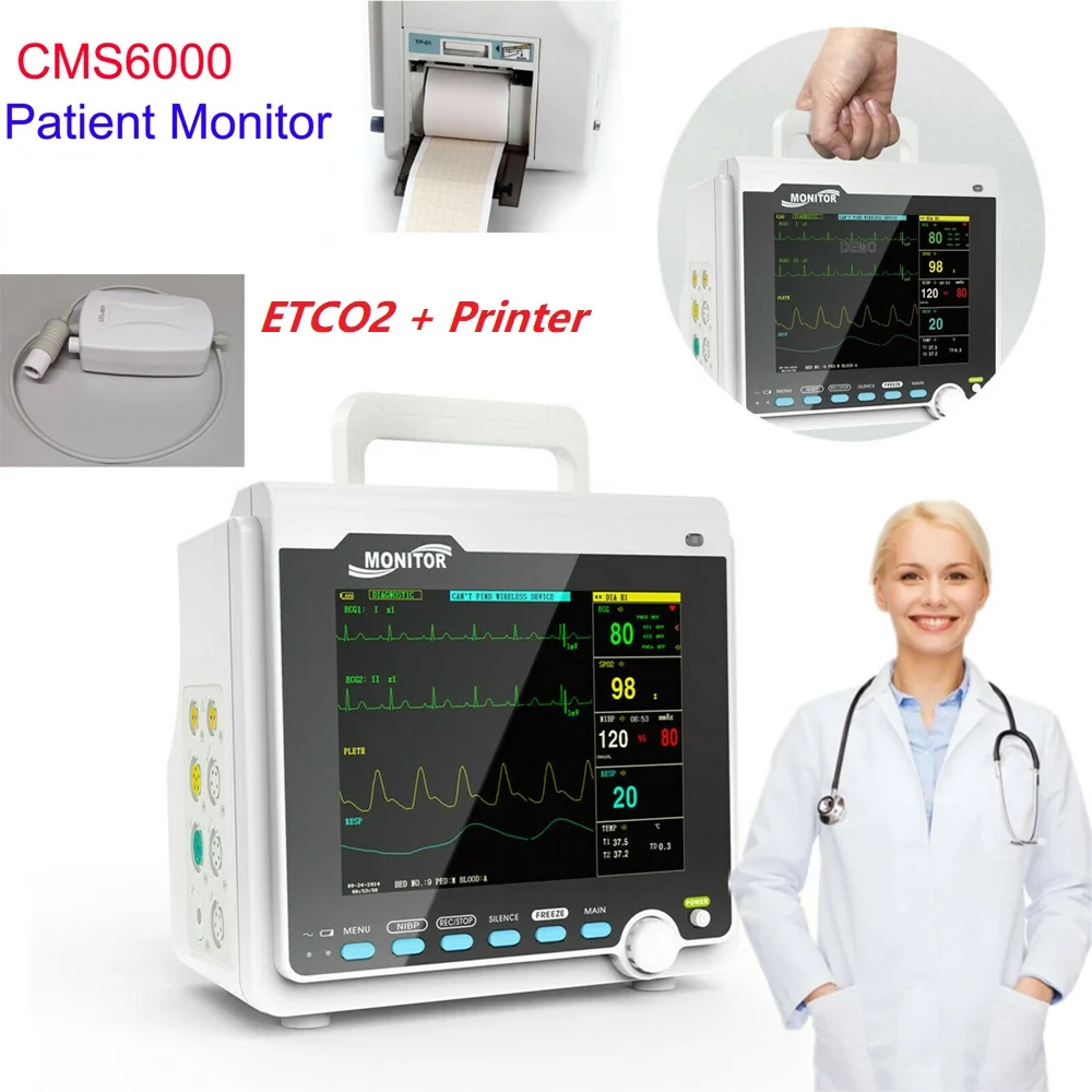 

Contec CMS6000 6-параметрический медицинский аппарат SPO2/ECG/PR/NIBP монитор сердечного ритма с IBP и принтером