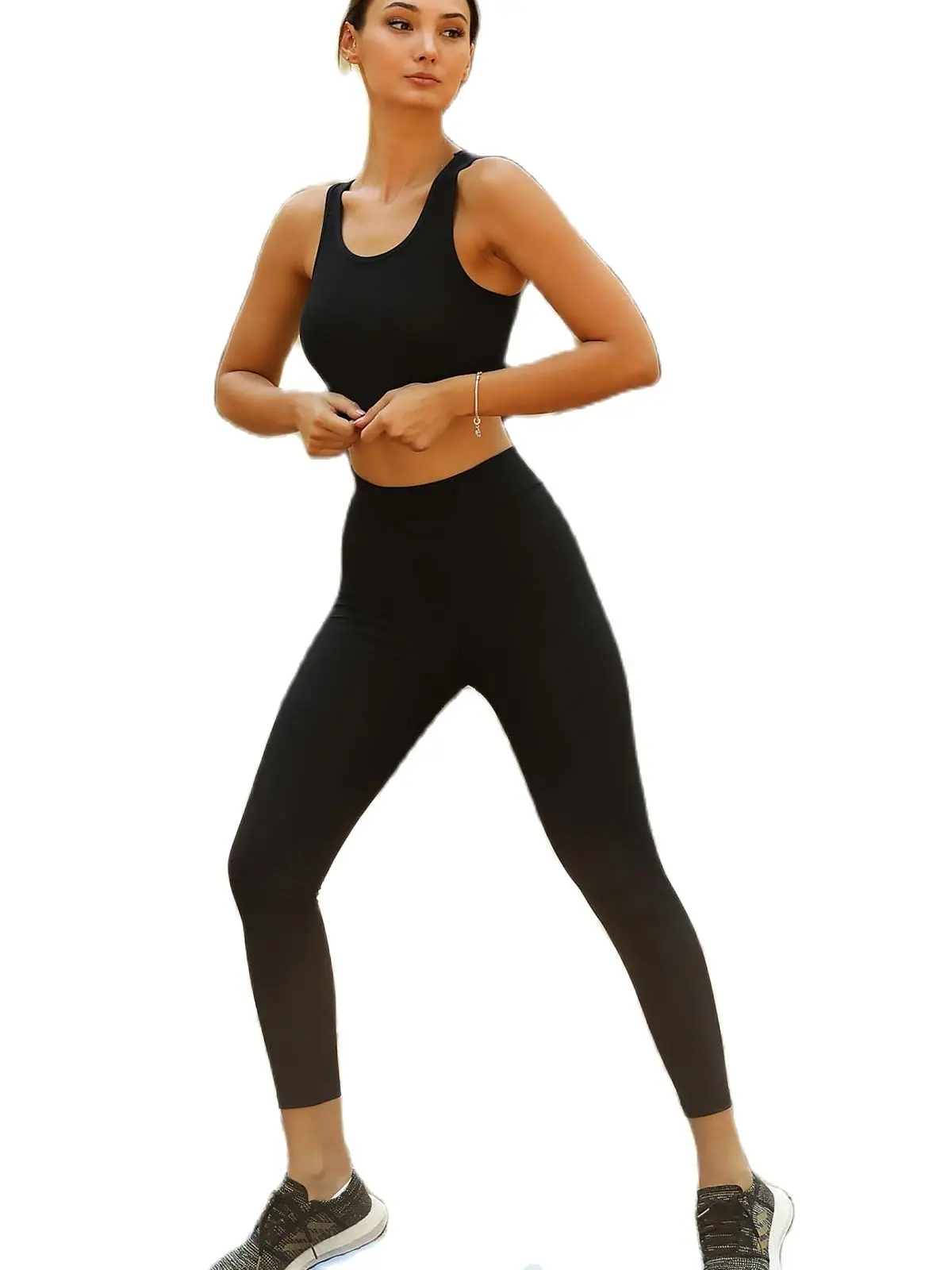 

Women's Sports Leggings Bottom Top Double Set Black And Brown Color Casual Hot Sexy Fashion Trend Ankle Length High Waist 2021