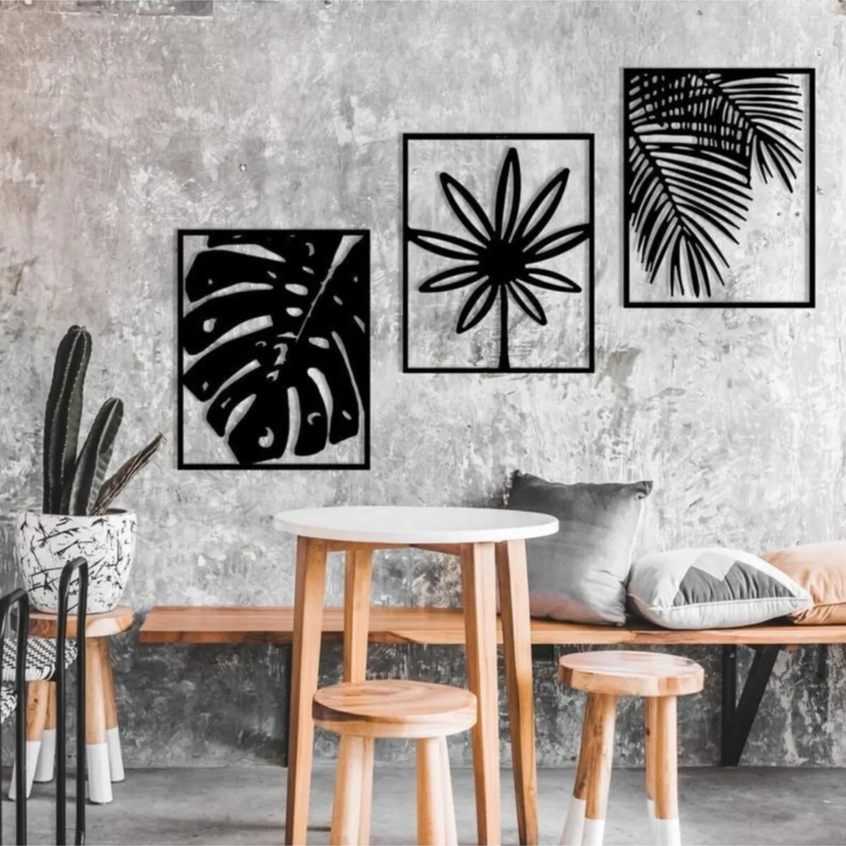 

Set of 3 leaf Wall Decor Ornament Laser Cut mdf Wooden Decorative Painting plant black modern home art classic beautiful new