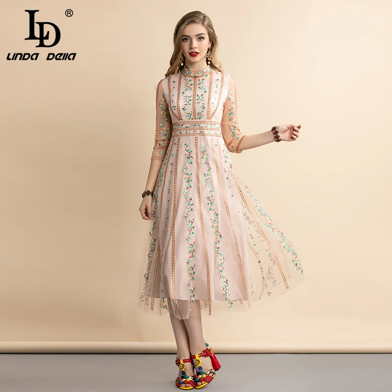 LD LINDA DELLA летнее винтажное Сетчатое платье с цветочной вышивкой женские вечерние