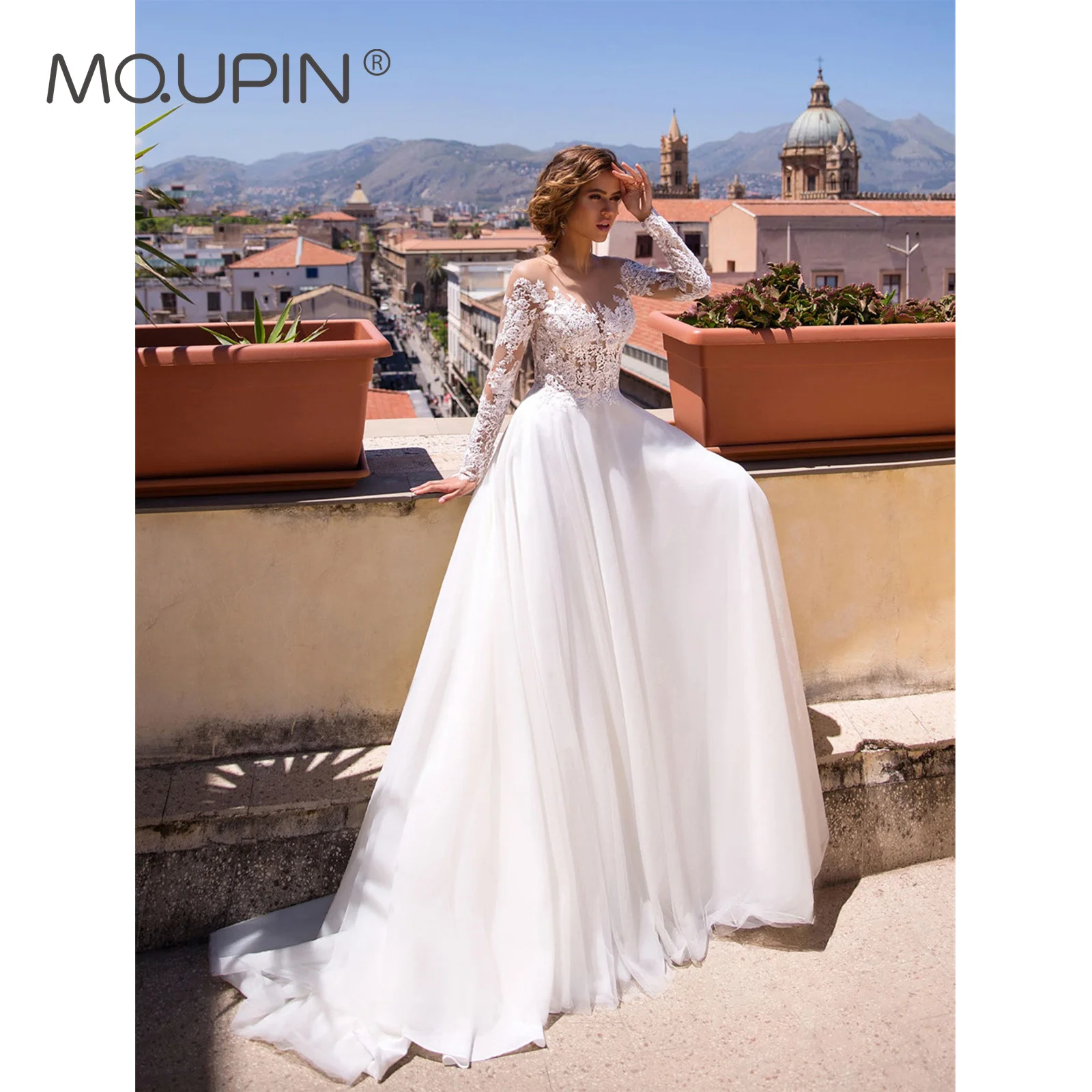 

MQUPIN Bohemian Long Sleeve Wedding Dresses Tulle 2022 A Line Illusion Lace Appliques Scoop Bridal Gowns Button A87