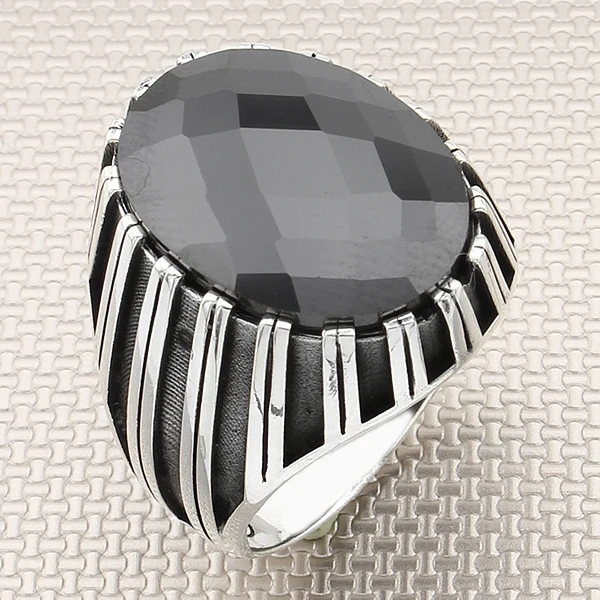 

Flat Linear Design Black Oval Zircon Gemstone Men 925 Sterling Silver Ring Jewellery Handmade Natural Gemstone Men Silver Ring