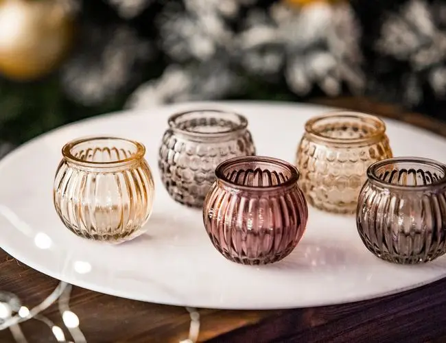 Подсвечник для греющей свечи Бельканто - Полосы 6 см персиковый стекло (Koopman) | Дом