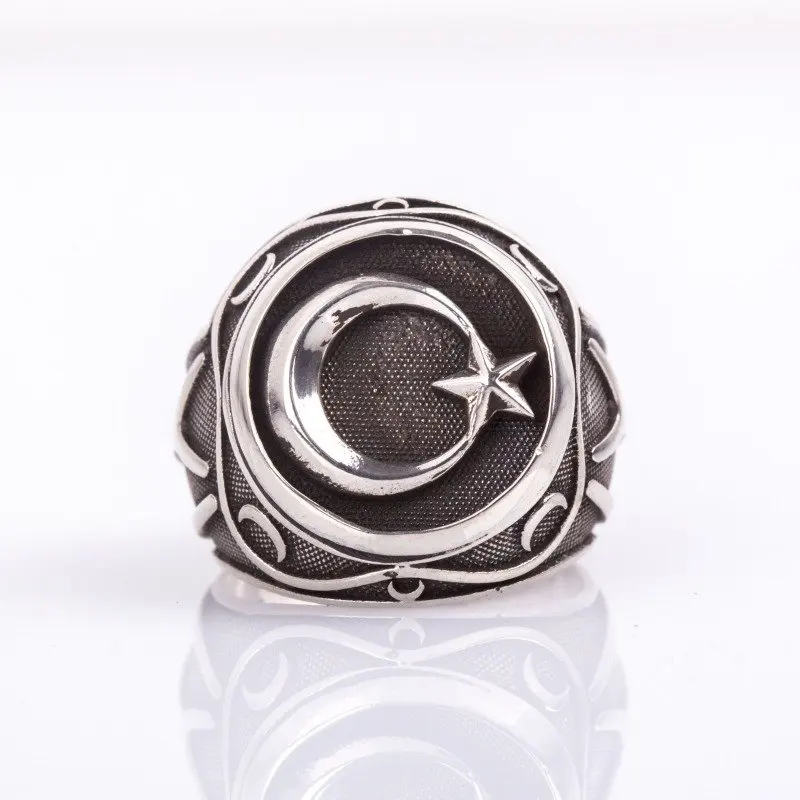 

925 Sterling Moon Star Kay Patterned Silver Ring Fashion Turkish Premium Quality Handmade Jawelery