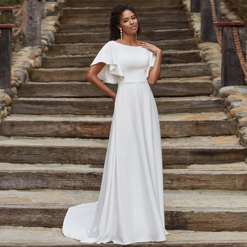 Short Flutter Sleeves Satin Micro Wedding Dress Elegant Outdoor Custom Made Scoop Neck Long Buttons Downs Church Bridal Gown
