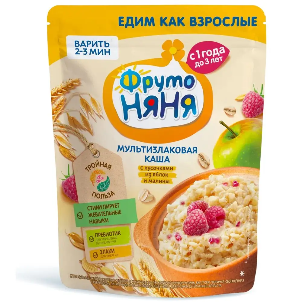 Каша для варки безмолочная ФрутоНяня мультизлаковая кусочки яблока и малины 200г.