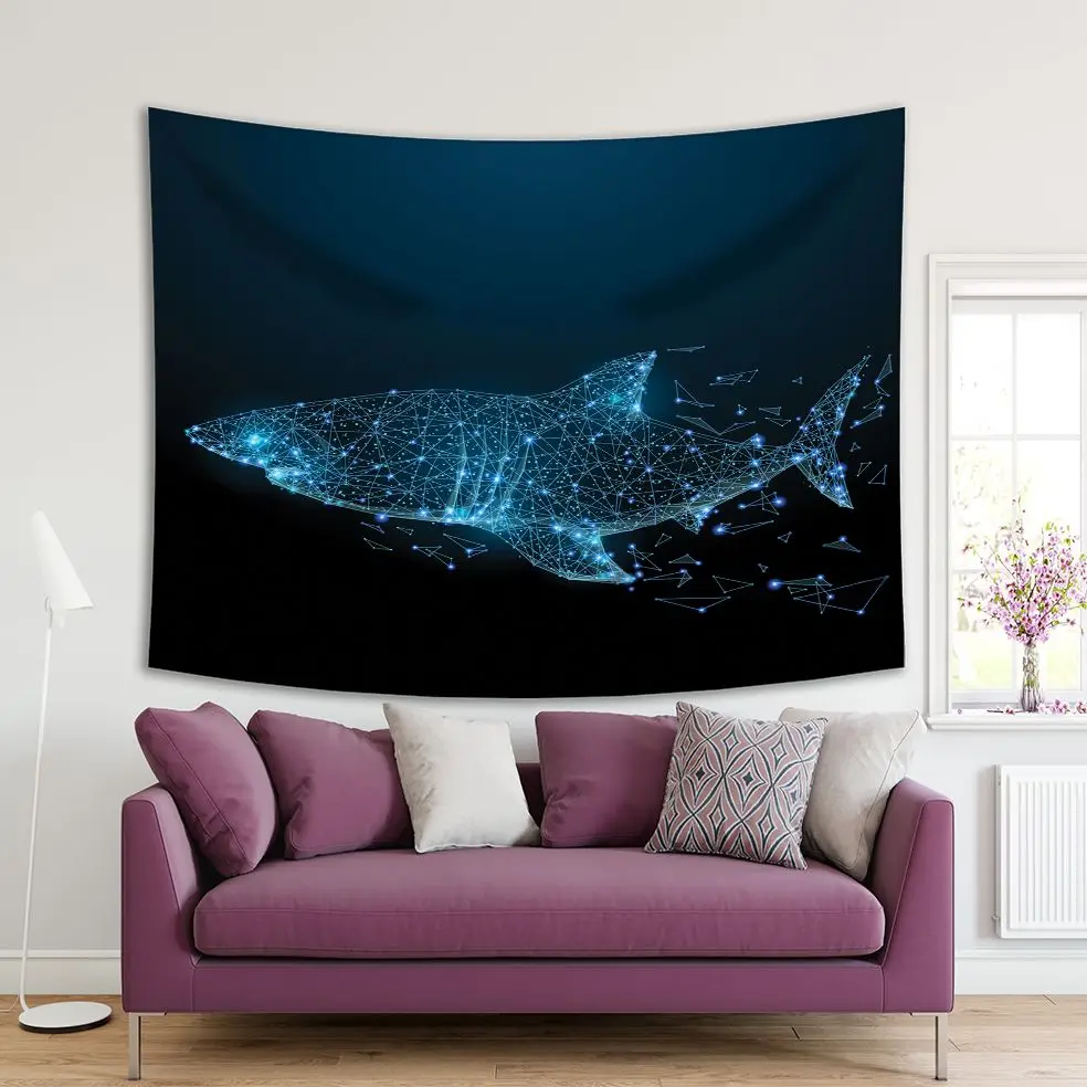 

Tapestry Abstract Image of Shark Deep in Ocean Geometric Shapes Dangerous Animal Madern Technology Illustration Blue